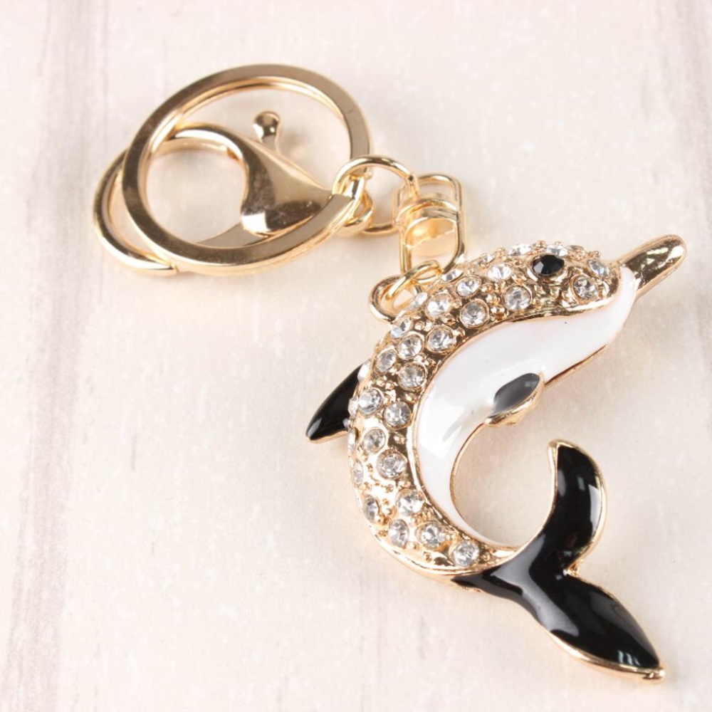 Black White & Gold Crystal Dolphin Charm Keychain - Picture 5 of 16